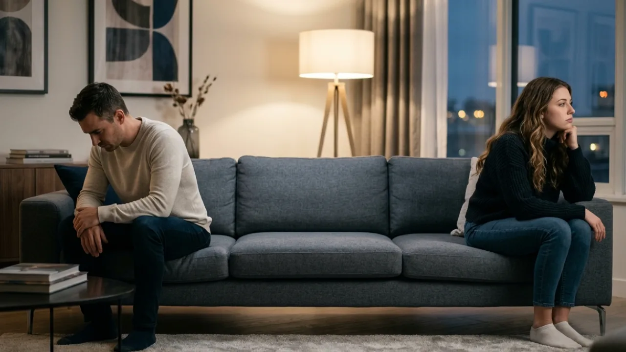 Couple sitting close together but feeling emotionally distant in a relationship
