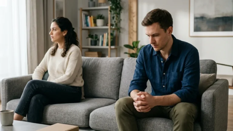 A couple sitting together on a sofa in a quiet living room